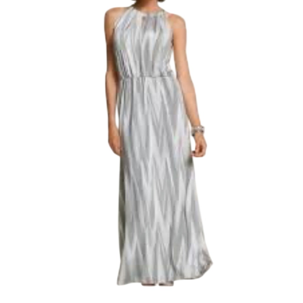 Chicos Grey‎ White Chevron Ikat Halter Maxi Dress Blouson Waist Size 1 Medium
